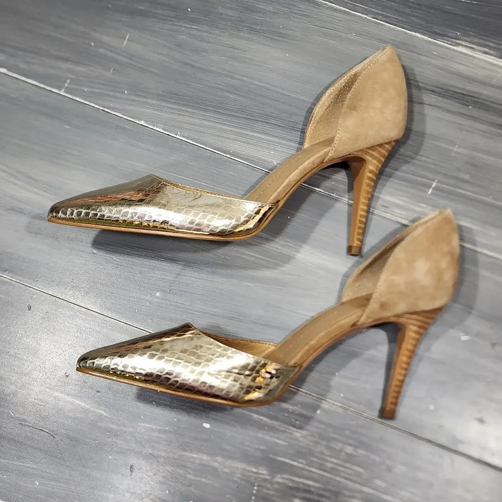 Banana Republic Alicia D'Orsay Heels Pumps Gold Tan Suede Size‎ 7 M Stacked Heel